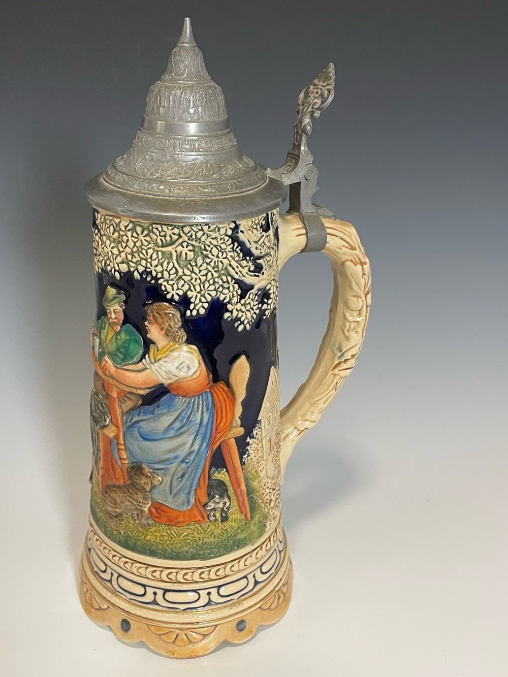 GERMAN VINTAGE CERAMIC BEER STEIN WITH PEWTER LID & WORKING THORENS MUSIC BOX